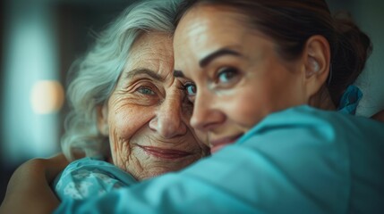 A tender moment between two women one older with gray hair and a warm smile the other younger with dark hair embracing each other in a loving embrace.