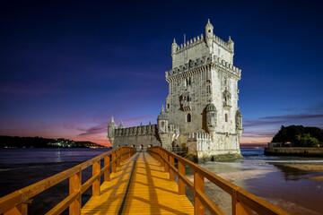Belem Tower or Tower of St Vincent - famous tourist landmark of Lisboa and tourism attraction - on...