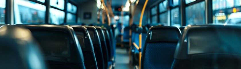 Empty bus seats with blue interior, windows and bright sunlight.
