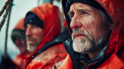 Three men in orange rain gear one with a beard looking into the distance possibly at the sea with a sense of anticipation or concern.