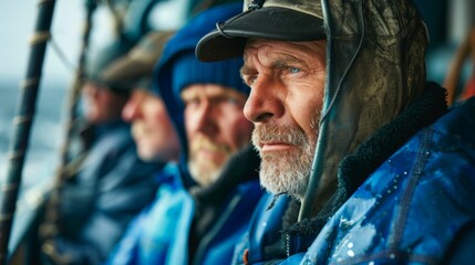Obraz premium A group of men in blue jackets and hats with one man in the foreground looking intently to the side possibly on a boat or in a cold environment.