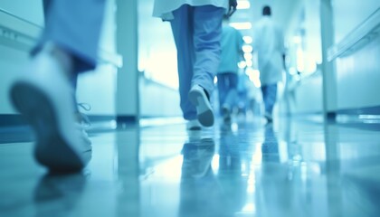 Fototapeta premium Low angle view of feet walking in a hospital corridor. The floor is clean and shiny, reflecting the light.