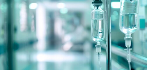 Intravenous drips in a hospital room, blurred background.