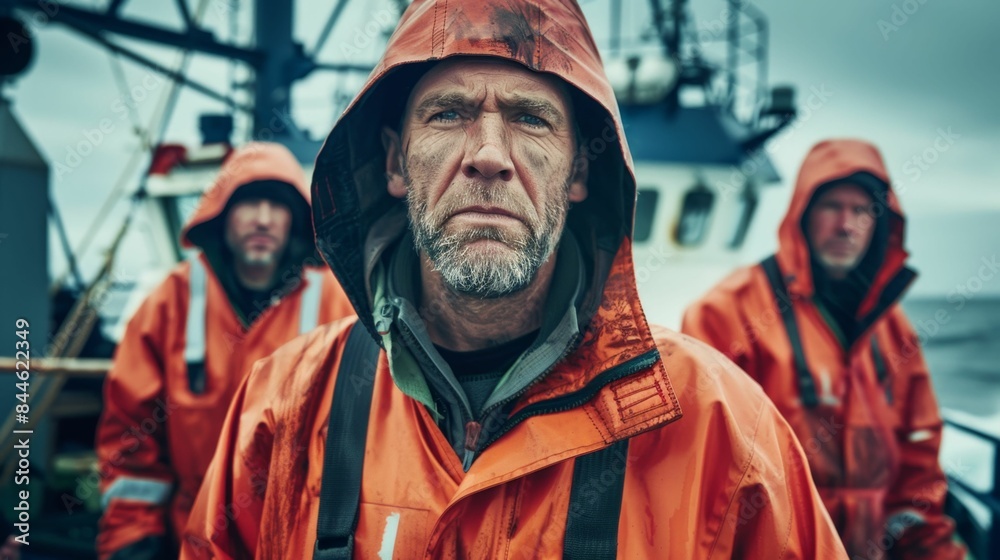 Wall mural A group of three men in orange rain jackets on a boat looking determined and focused with one man in the foreground looking directly at the camera.