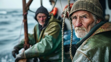 Obraz premium Two weathered men clad in rain gear stand on a boat gazing into the distance with the vast ocean as their backdrop.