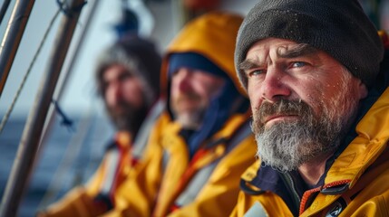 A man with a gray beard and blue eyes wearing a yellow jacket and a black beanie looking out over the ocean with a serious expression.