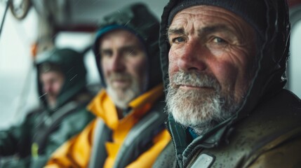 Three men in rain gear one with a beard seated in a boat looking forward possibly in a stormy sea.