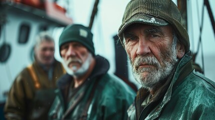 Fototapeta premium Two weathered fishermen standing on a boat one wearing a green beanie and the other a camouflage cap both with white beards looking into the distance.