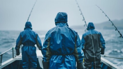 Three anglers in blue rain gear fishing on a boat in rough seas.