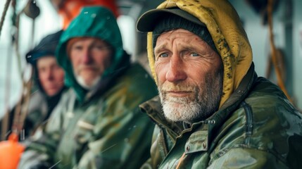 Fototapeta premium Three men with beards wearing life jackets and hoods on a boat in the rain.