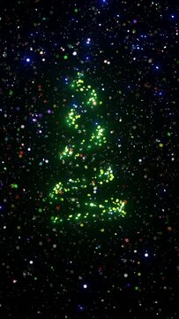 Abstract Christmas Tree with blinking sparkling shining glitter decoration and defocused lights.  4K video animation 3d rendering.