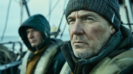 Fototapeta premium Two men on a boat one wearing a beanie both dressed in winter gear looking off into the distance possibly at the horizon or an approaching storm.