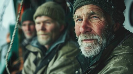 Fototapeta premium A man with a white beard and blue eyes wearing a green cap and a rain-soaked jacket gazing out into the distance with a thoughtful expression.