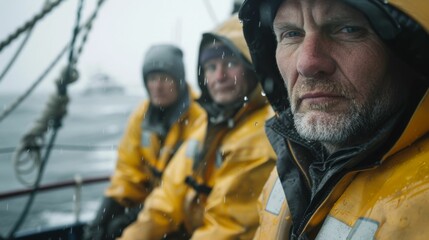 Fototapeta premium Three men in yellow rain gear sitting on a boat looking into the distance with rain-soaked surroundings.