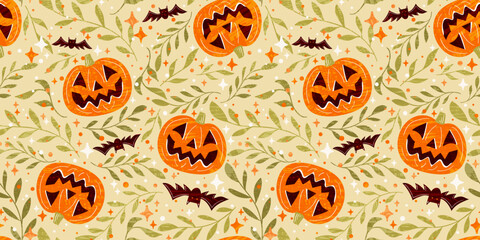 A repeating Halloween seamless vector pattern of carved jack-o-lantern pumpkin faces with toothy grins, along with maroon bat silhouettes and swirling green twigs on a beige backdrop.