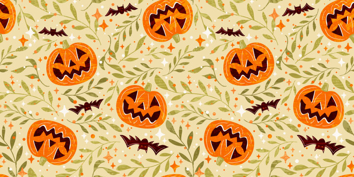 A repeating Halloween seamless vector pattern of carved jack-o-lantern pumpkin faces with toothy grins, along with maroon bat silhouettes and swirling green twigs on a beige backdrop.