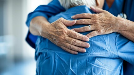 Fototapeta premium A compassionate nurse in blue scrubs embracing a patient providing comfort and care.