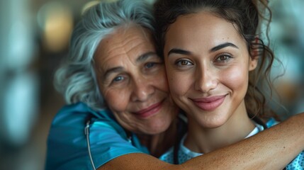 A tender moment between two women one older with gray hair and the other younger with dark hair embracing each other with smiles on their faces.