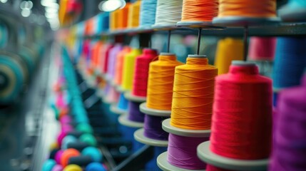 Closeup of Colorful Thread Spools on a Spinning Machine