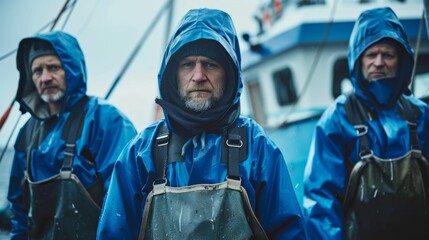 Three men in blue rain gear standing on a boat looking serious and prepared for inclement weather.