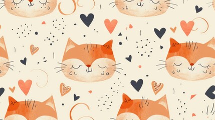 Discover a delightful seamless pattern featuring adorable sleeping cats heads and hearts all hand drawn against a charming animal themed background in the whimsical Scandinavian style Perfe