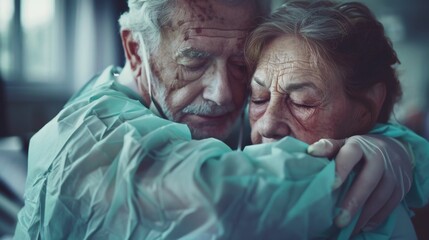Elderly couple one in hospital gown embrace eyes closed showing love and comfort possibly in hospital setting.