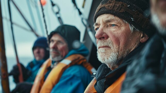 Three elderly men wearing life jackets and hats sitting on a boat looking out to sea.