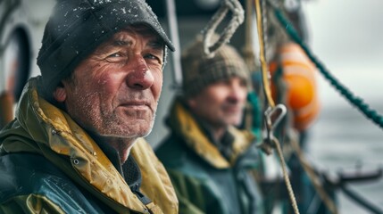 Obraz premium Two men in rain gear on a boat looking into the distance with a blurred background of water and sky.