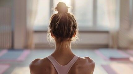 A woman with her hair up wearing a pink sports bra standing in a room with sunlight streaming in looking out of a window.