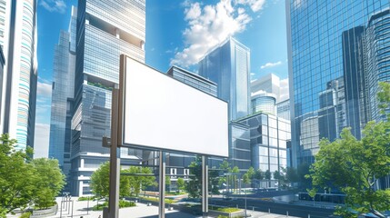 Obraz premium The image showcases a modern cityscape with tall skyscrapers, a clear sky, and an empty billboard, surrounded by trees and urban infrastructure.