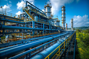 A large industrial plant with many pipes and a yellow and blue color scheme