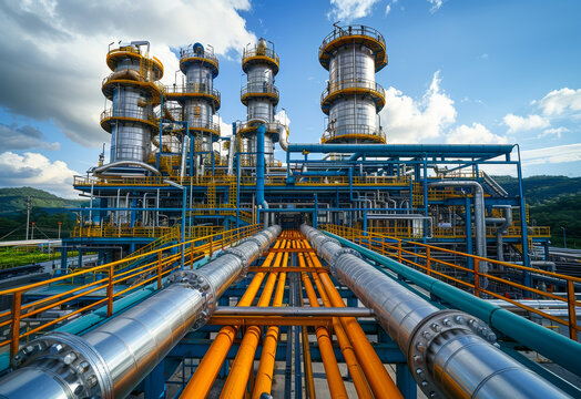 A large industrial plant with many pipes and a lot of yellow and blue