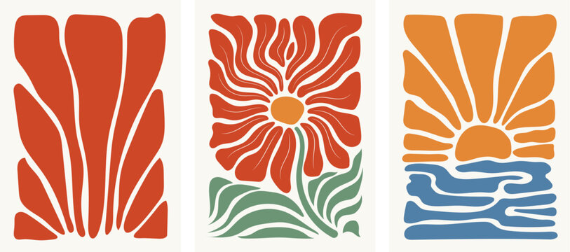 Wall art print set. Abstract Matisse, minimalist style, floral, botanical wall decor. Poster, postcard, cover, banner design