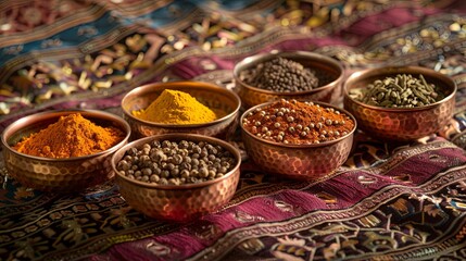 Fototapeta premium A colorful assortment of traditional Indian spices, including turmeric, cumin, coriander, and garam masala, are displayed in copper bowls against a vibrant tapestry background. Generative AI