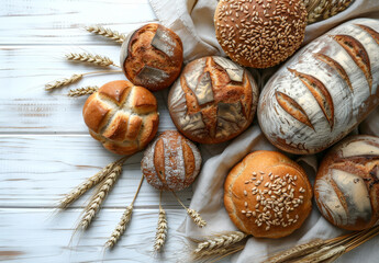 Obraz premium A variety of breads and grains are displayed on a table