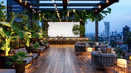 Obraz premium Stylish rooftop bar with city view, lush greenery, cozy seating, modern lighting, wooden deck, perfect for evening hangouts, social events, outdoor relaxation.