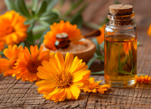 A bottle of essential oil is on a wooden table next to a bunch of orange flowers