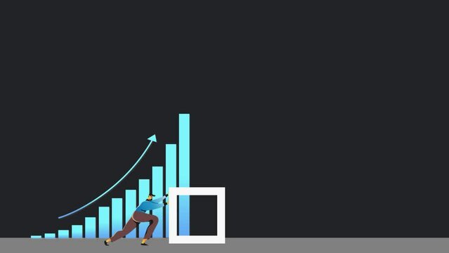 business graph with arrows and balance sheet, business concept of an employee pushing a box as a target marketing parable