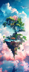 A beautiful floating island with a tree in the center. The island is surrounded by clouds. The water is a beautiful blue and the sky is a light pink.