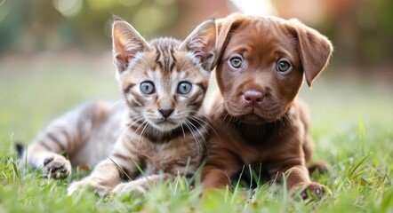 Dog Cat White Background. Adorable Brown Canine and White Cat Together on Beautiful Background