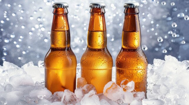 Three cold beer bottles in ice. Perfect for refreshing moments. Captured in a high-definition style, ideal for advertising, beverages promotions, and summer themes. 