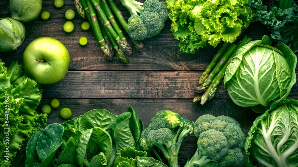 Canvas Prints Fresh Green Vegetables on Rustic Wooden Background. Top view of healthy greens including lettuce, broccoli, apples, asparagus and more. Perfect for healthy eating concepts