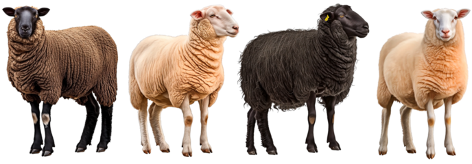 Set of sheep with different wool colors isolated on transparent background.