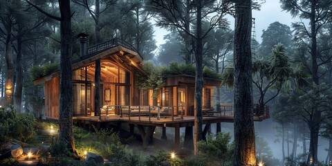 Fototapeta premium Cozy treehouse with warm glowing lights nestled in a mystical forest at twilight, surrounded by lush greenery and misty atmosphere.