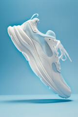 White sneaker with on blue background, Fashionable sport shoe with colorful backdrop. Studio shot of shoes for shop advertisement, creative minimalist style