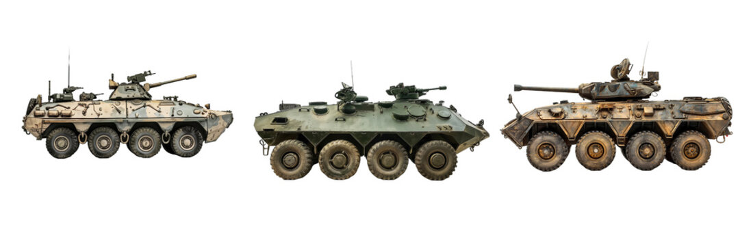 BTR-80 armored personnel carrier isolated on transparent png background. Three military vehicles are shown in a row