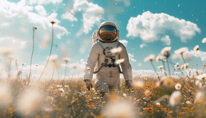 Astronaut returned to EARTH AFTER SPACE mission walking enjoying chamomile field in space suit and helmet in the grass with beautiful flowers. Sci-Fi, ecology and human space traveling concept image.