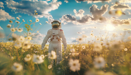Astronaut returned to EARTH AFTER SPACE mission walking enjoying chamomile field in space suit and helmet in the grass with beautiful flowers. Sci-Fi, ecology and human space traveling concept image.