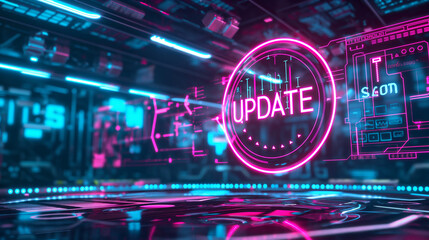 Futuristic Holographic Update Interface in Cyberpunk Data Center with Neon Lights and Digital Information Streams: Technology Innovation Concept