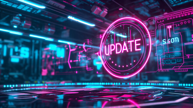 Futuristic Holographic Update Interface in Cyberpunk Data Center with Neon Lights and Digital Information Streams: Technology Innovation Concept